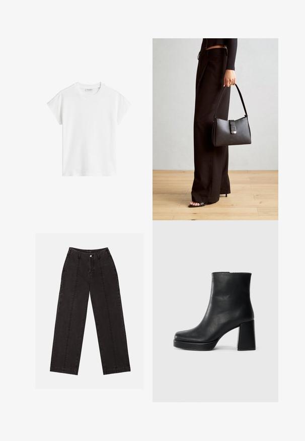 Bijela kratka majica s kratkim rukavima izrađena od pamuka. Ima ležeran kroj s okruglim izrezom i malo spuštenim šavovima na ramenima. Bez uzoraka ili ukrasa.; Crne široke traperice izrađene od denima, s visokim strukom, prednjim kopčanjem na gumb i dvije vertikalne šavove sprijeda.; Crna kožna čizma do gležnja s blok petom i platformom, prikazana s bočne strane na jednostavnoj bijeloj pozadini.; Crna torba s oblikom koji sadrži strukturu, glađu teksturu i metalnu kopču. Uparena s širokim crnim hlačama i sandalama na otvorenom s drvenog poda.