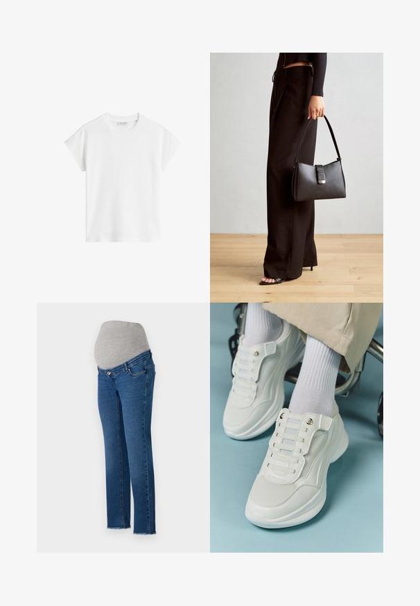 Bela majica s kratkimi rokavi iz bombaža. Ima sproščen kroj z okroglim izrezom in rahlo spuščeno šivov na ramionih. Brez vzorcev ali dodatkov.; Hlače za nosečnice z raztegljivim sivim pasom in svetlo modrim денимом, naravnim krojem in načrtovanimi frayed robovi.; Bele teniske z mrežastim materialom, gumene podplate, brez vezalk, z elastikami in zlatimi akcenti.; Črna torbica z strukturirano obliko, gladko teksturo in kovinskim zaponko. Ujemajo se z širokimi črnimi hlačami in odprtimi sandali na lesenem tleh.