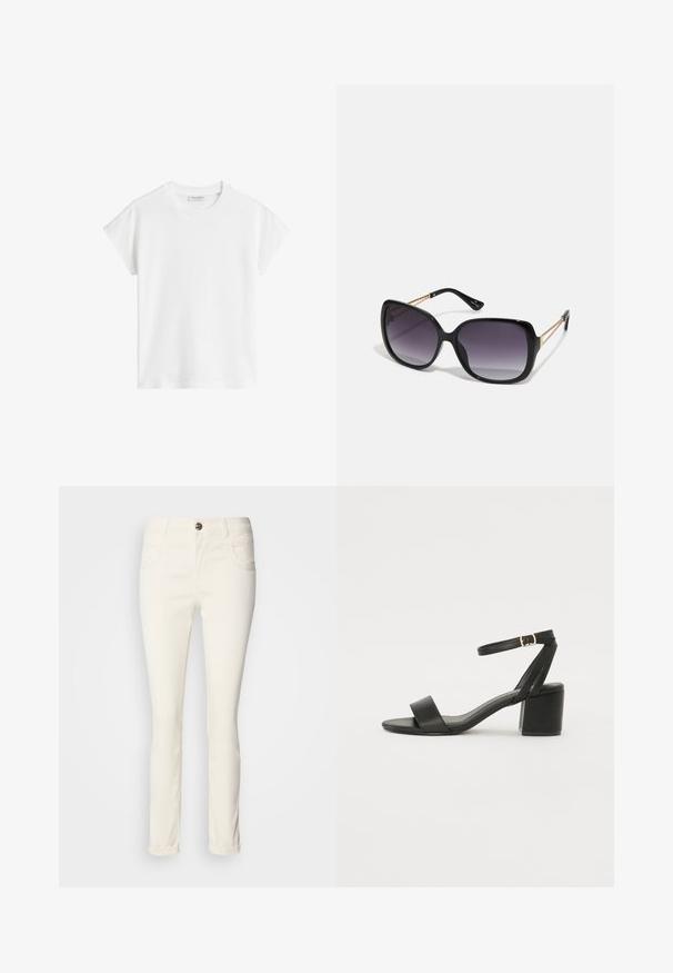 Hvit kortermet t-skjorte laget av bomull. Har en avslappet passform med rund halslinning og lett senkede skuldersømmer. Ingen mønstre eller detaljer.; Hvite, skinny-fit jeans laget av en blanding av bomull. Har fem lommer, knappelukking og en glatt, lett glinsende tekstur.; Sorte hælede sandaler med en glat læderoverdel, åben tå, brede frontstropper og justerbar ankelstrop med en gold spænde detalje.; Sorte oversized solbriller med gradient linser, tykke rammer og detaljering med gulltonekjede på tempelarmene.
