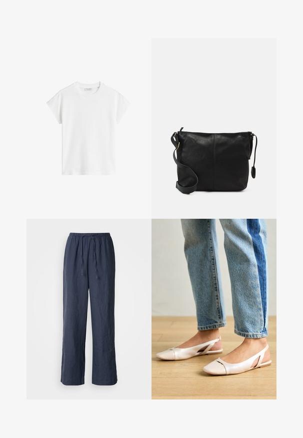 Weißes kurzärmliges T-Shirt aus Baumwolle. Hat eine lockere Passform mit Rundhalsausschnitt und leicht gesenkten Schulternähten. Keine Muster oder Akzente.; Marineblaue Leinenhose mit einem elastischen Bund, Kordelzugverschluss, weitem Bein und strukturierter Oberfläche.; Blassrosa Slingback-Ballerinas mit spitzem Punkt, aus einem glatten, lederähnlichen Material. Mit Ausschnitten an den Seiten und einem flachen Absatz.; Schwarze Leder-Umhängetasche mit flacher Form, goldenen Hardware-Details und einem verstellbaren Tragegurt. Glatte Textur mit minimalen Nähten.