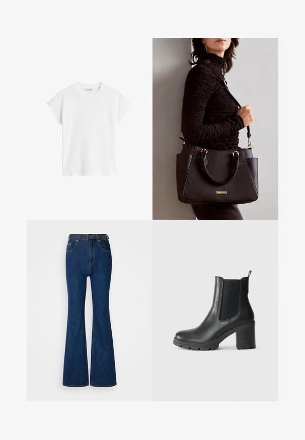 Bela majica s kratkimi rokavi iz bombaža. Ima sproščen kroj z okroglim izrezom in rahlo spuščeno šivov na ramionih. Brez vzorcev ali dodatkov.; Modre denim flare hlače z visoko pasom, kontrastnim šivanjem in pletenim pasom z zasukano zasnovo. Gladka tekstura in klasičen slog.; Črne usnjene gležnjarje z elastičnimi stranskimi paneli, robustnim gumijastim podplatom in visokim blokastim peto. Imajo zanko na hrbtni strani.; Črna torbica z teksturirano površino, z dvema zgornjima ročajema in nastavljivim ramenskim pasom. Ima zlatovrateče dodatke in stranske žepe.