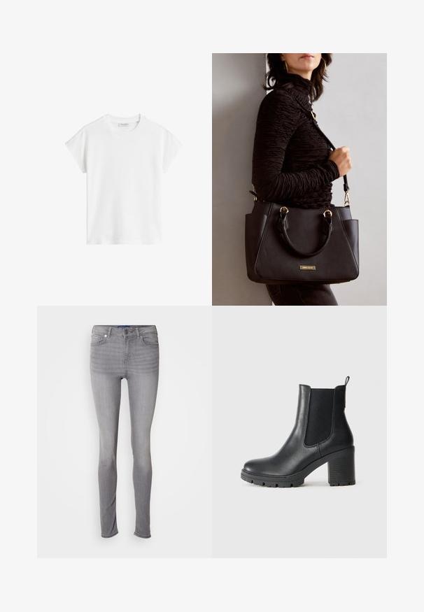 T-shirt bianco a maniche corte in cotone. Presenta una vestibilità morbida con scollatura rotonda e spalle leggermente cadenti. Senza fantasie o dettagli.; Jeans skinny grigi, materiale denim, design a cinque tasche, passanti per cintura, chiusura frontale con bottone e leggero effetto di sbiadimento sulle gambe.; Stivaletto in pelle nera con pannelli laterali elastici, suola in gomma spessa e tacco alto a blocco. Presenta un manico sul retro.; Borsa nera con superficie texturizzata, manici superiori doppi e tracolla regolabile. Dotata di hardware color oro e tasche laterali.