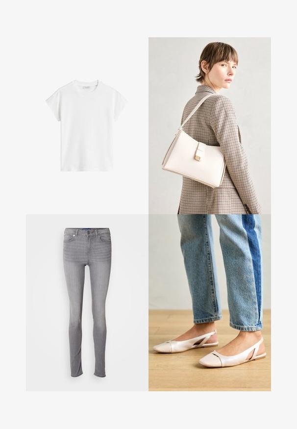 T-shirt bianco a maniche corte in cotone. Presenta una vestibilità morbida con scollatura rotonda e spalle leggermente cadenti. Senza fantasie o dettagli.; Jeans skinny grigi, materiale denim, design a cinque tasche, passanti per cintura, chiusura frontale con bottone e leggero effetto di sbiadimento sulle gambe.; Ballerine slingback rosa pallido con punta affusolata, realizzate in un materiale simile alla pelle liscio. Presentano dettagli a taglio sui lati e un tacco piatto.; Borsa a mano in pelle bianca con un design strutturato, presente di un clasp magnetico e una tracolla, esposta su uno sfondo neutro.