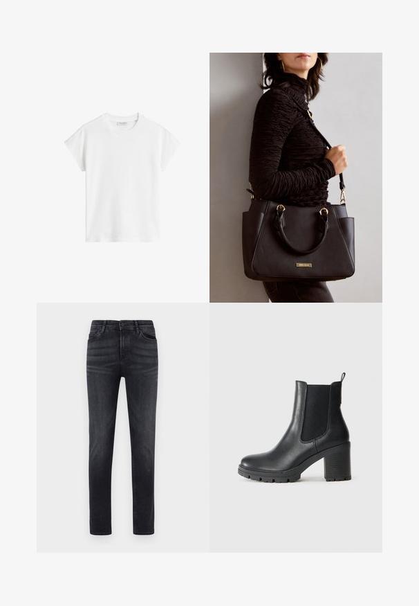 Bela majica s kratkimi rokavi iz bombaža. Ima sproščen kroj z okroglim izrezom in rahlo spuščeno šivov na ramionih. Brez vzorcev ali dodatkov.; Črne kavbojke s ravnim krojem. Imajo pet žepov, gumb za zapiranje in zanke za pas. Tkanina ima gladko teksturo in rahlo elastiko.; Črne usnjene gležnjarje z elastičnimi stranskimi paneli, robustnim gumijastim podplatom in visokim blokastim peto. Imajo zanko na hrbtni strani.; Črna torbica z teksturirano površino, z dvema zgornjima ročajema in nastavljivim ramenskim pasom. Ima zlatovrateče dodatke in stranske žepe.