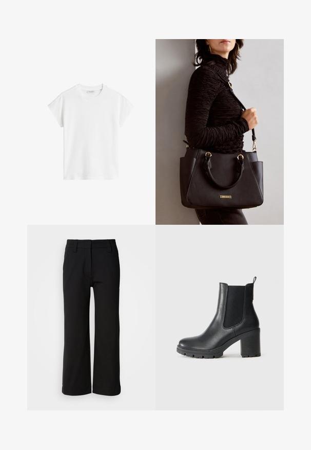 Bijela kratka majica s kratkim rukavima izrađena od pamuka. Ima ležeran kroj s okruglim izrezom i malo spuštenim šavovima na ramenima. Bez uzoraka ili ukrasa.; Crne široke hlače izrađene od glatkog materijala. Imaju ravni prednji dio, petlje za remen i uredan rub bez džepova ili vidljivih zatvarača.; Crne kožne gležnjače s elastičnim bočnim panelima, masivnim gumenim potplatom i visokom blok petom. Imaju ručku na stražnjem dijelu.; Crna torba s teksturiranom površinom, dvostrukim gornjim ručkama i podesivom remenom za rame. Ima zlatne metalne detalje i bočne džepove.