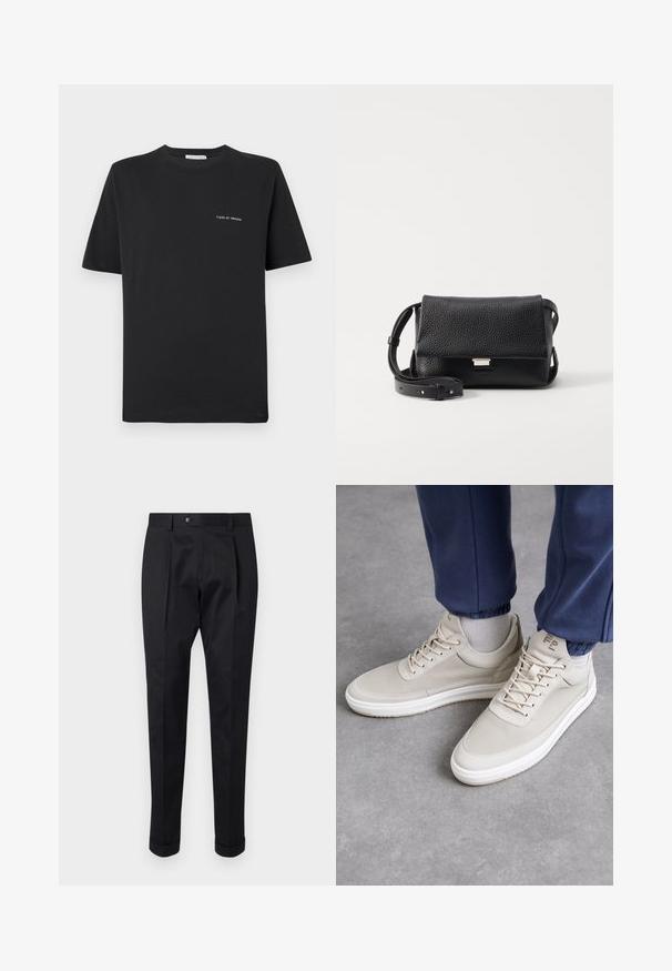 T-shirt en coton noir avec un col rond, des manches courtes et un petit logo blanc "TIGER OF SWEDEN" sur la poitrine. Coupe classique.; Pantalons noirs en tissu lisse, avec un pli à l'avant, une fermeture à bouton et des ourlets roulés à la cheville.; Baskets beiges en matériau texturé, à bout rond, avec des lacets et un design minimaliste. Semelle blanche avec des détails beige clair. Porté avec un jogging bleu marine.; Sac en cuir texturé noir en bandoulière avec fermeture à rabat, quincaillerie en argent et une bandoulière réglable. Design minimaliste avec des lignes épurées.