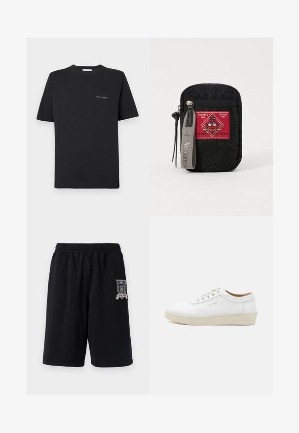 Čierne bavlnené tričko s okrúhlym výstrihom, krátkymi rukávmi a malým bielym logom "TIGER OF SWEDEN" na hrudi. Klasický strih.; Čierne bavlnené šortky s elastickým pásom, bočnými vreckami a ozdobnou nášivkou s nápisom "Láska a spravodlivosť" na ľavom stehne.; Biele kožené tenisky s textúrovaným povrchom, okrúly špička, béžová gumová podrážka a šesť sivých vystužených očiek na šnúrky, so subtílnym brandingom na boku.; Čierny pouch s textúrovanou látkou, vyznačujúci sa červeným nášivkom s logom, zipsovým uzáverom a sivým remienkom s embosovaným názvom značky.