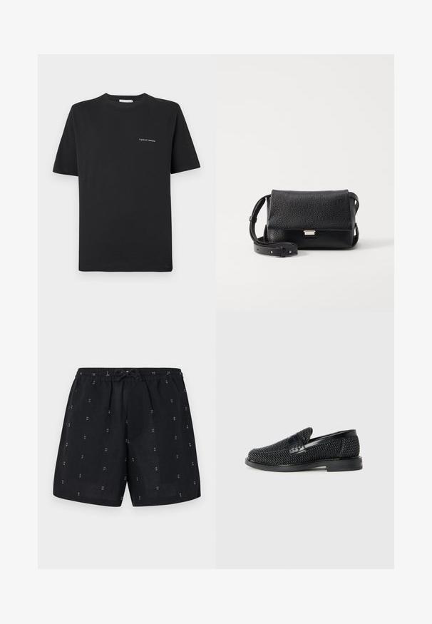 Čierne bavlnené tričko s okrúhlym výstrihom, krátkymi rukávmi a malým bielym logom "TIGER OF SWEDEN" na hrudi. Klasický strih.; Čierne ľanové šortky s elastickým pásom a šnúrkou. Obsahujú malé biele geometrické vzory po celom materiáli.; Čierne tkané slip-on topánky s hladkým koženým akcentom na vrchnej časti, s okrúlym dizajnom špičky a nízkoprofilovou gumovou podrážkou.; Čierna textúrovaná kožená crossbody taška s klapkou, striebornými kovovými detailami a nastaviteľným popruhom. Minimalistický dizajn s čistými líniami.