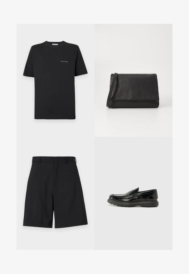 Czarna bawełniana koszulka T-shirt z okrągłym dekoltem, krótkimi rękawami i małym białym logo "TIGER OF SWEDEN" na piersi. Klasyczny krój.; Czarne szorty wykonane z gładkiego materiału o dopasowanym kroju, z płaskim przodem i dwoma bocznymi kieszeniami oraz standardowym pasem.; Czarne skórzane mokasyny o błyszczącym wykończeniu, zaokrąglonym nosku, subtelnych detalach szycia i grubym gumowym spodzie dla trwałości.; Czarna skórzana kopertówka z teksturowanym wykończeniem, z klapą typu fold-over i smukłym paskiem na ramię, charakteryzująca się minimalistycznym designem i brakiem widocznych elementów metalowych.