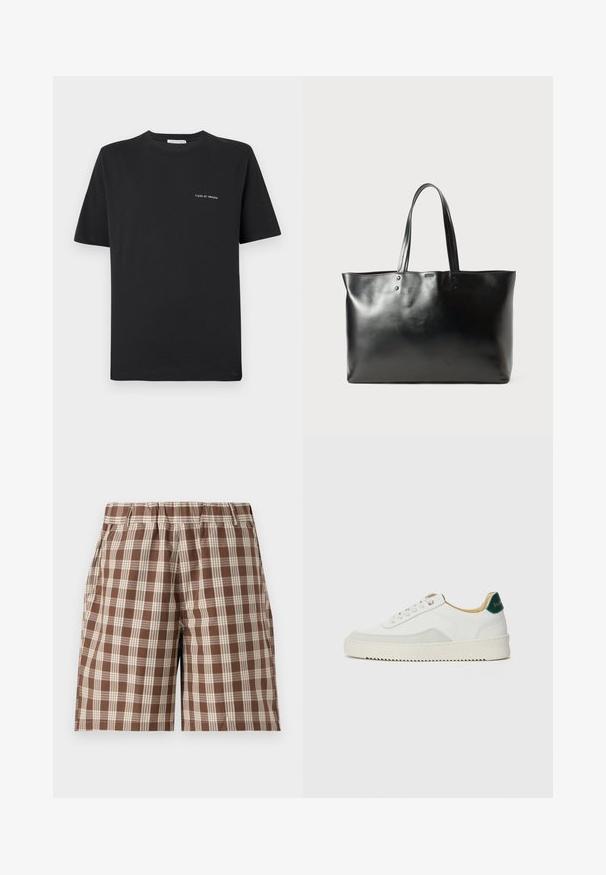 Camisa de algodão preta com decote redondo, mangas curtas e um pequeno logo branco "TIGER OF SWEDEN" no peito. Corte clássico.; Shorts às riscas castanhas com cintura elástica, apresentando padrões de verificação bege claro e bolsos laterais. Feitos de um tecido leve.; Tênis brancos com detalhes em camurça, bico arredondado, atacadores planos e sola de borracha creme. Apresenta uma marcação verde no calcanhar.; Bolsa tote de couro preto liso com duas alças de ombro, forma retangular e detalhes de costura sutis sobre um fundo branco.