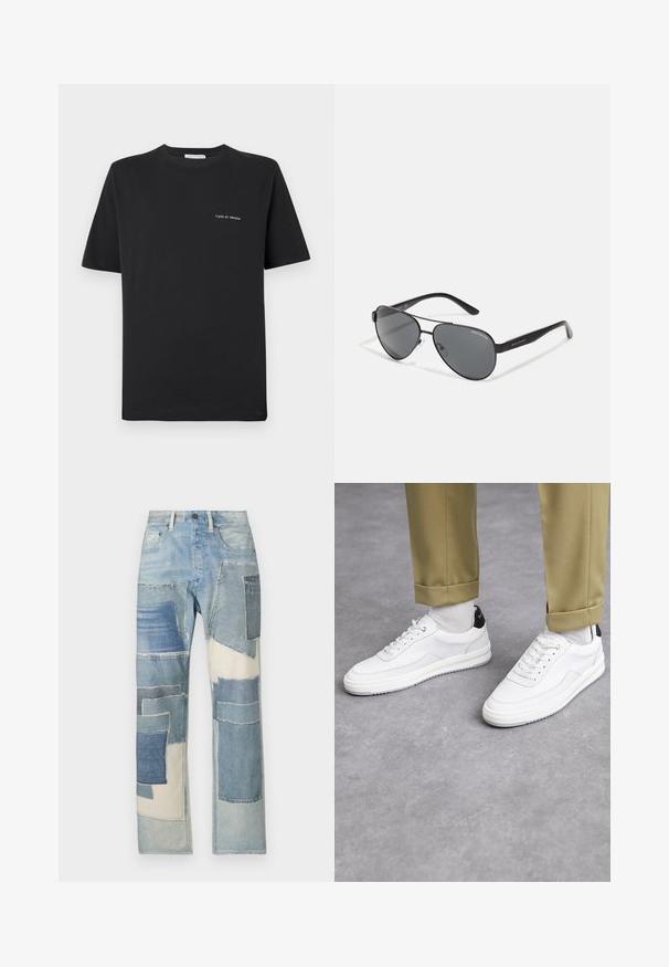 T-shirt nera in cotone con scollatura tonda, maniche corte e un piccolo logo bianco "TIGER OF SWEDEN" sul petto. Vestibilità classica.; Jeans in denim blu chiaro con un design a patchwork che presenta diverse tonalità di blu, forme irregolari e bordi sfilacciati, creando un contrasto testurizzato.; Sneaker bianchi con finitura in pelle testurizzata, punta arrotondata e accentuazione nera sul tallone. Suola in gomma con piccolo motivo di battistrada e dettagli cuciti.; Occhiali da sole aviator neri con lenti scure, sottile montatura in metallo e bracci in plastica snodati con accenti del logo.