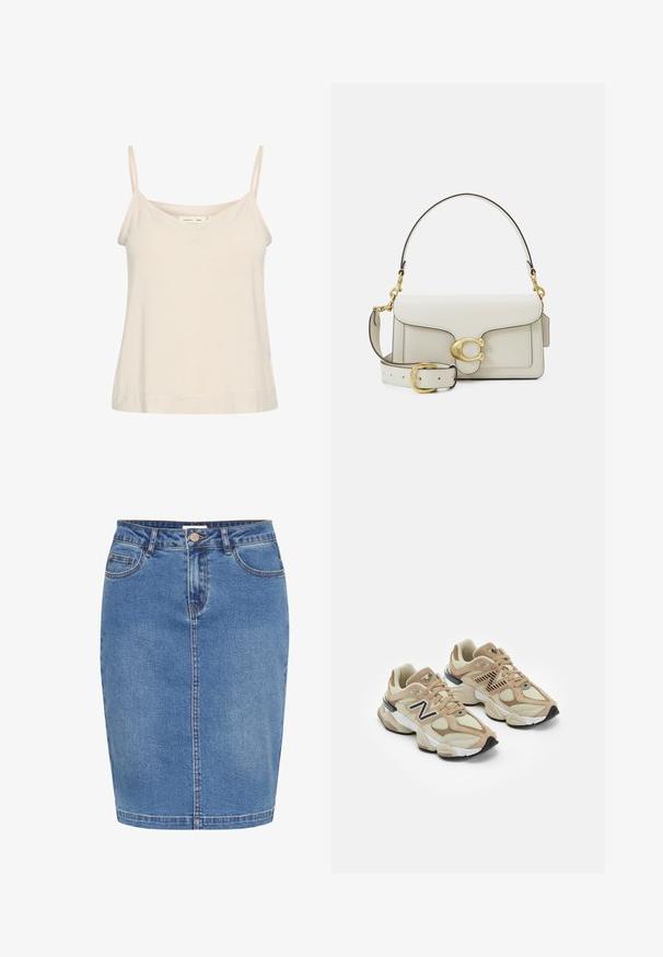 Világos bézs színű, puha anyagból készült emeles, vékony állítható pántokkal és enyhén laza, V-kivágással.; Világoskék farmer szoknya, testhezálló fazonnal, elülső gombos záródással, öt zsebbel és kontrasztos varrással a varratok mentén.; Beige sportcipők hálós és bőrszövet anyagból. Fekete logóval és texturált részletekkel rendelkezik. Vastag fehér középtalpa és fekete gumi talpa van.; Fehér bőr kézitáska arany színű fémalkatrészekkel, fedéllel záródik, levehető, állítható pánttal. Középen lekerekített fém díszítés.