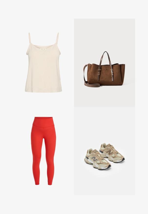 Light beige camisole made of soft fabric, featuring thin adjustable straps and a V-neckline with a slightly relaxed fit.; Red high-waisted leggings with a smooth texture, featuring a side pocket and a small logo above the waistband. Form-fitting design.; Beige sneakers with mesh and suede materials. Features a black logo and textured accents. Thick white midsole and black rubber outsole.; Brown suede tote bag with a structured shape, dual leather handles, adjustable shoulder strap, and gold-tone hardware accents.