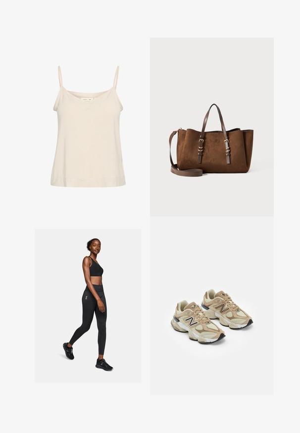 Camisole vaalea beige, joka on valmistettu pehmeästä kankaasta ja jossa on ohuet säädettävät olkaimet sekä V-muotoinen kaula-aukko, hieman rento istuvuus.; Mustat urheiluliivit ja leggingsit, jotka on valmistettu joustavasta materiaalista. Ne sisältävät korkean vyötärön ja logon yksityiskohtia, ja ne on paritettu mustien urheilukenkien kanssa.; Beige lenkkarit, joissa on verkko- ja mokkanahkamateriaaleja. Varustettu mustalla logolla ja teksturoiduilla yksityiskohdilla. Paksu valkoinen välikeen ja musta kumipohja.; Ruskea samettitote-laukku, jossa on jämäkkä muoto, kaksiosaiset nahkahihnat, säädettävä olkahihna ja kultasävyiset metallisominaisuudet.