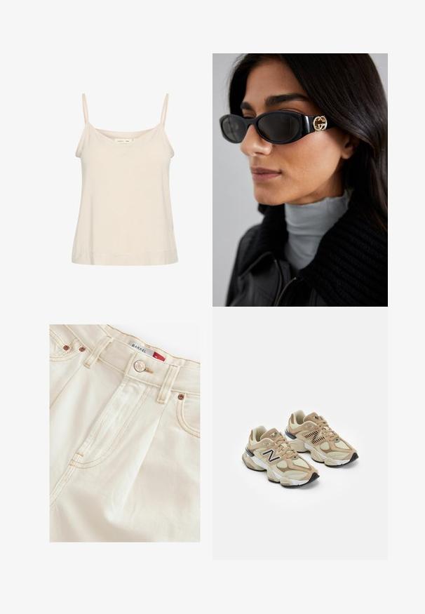 Lys beige cami lavet af blødt stof, med tynde justerbare stropper og en V-udskæring med en let afslappet pasform.; Cremefarvede denimjeans med lige snit, der har kobberhardware, tonalt syning og synlige sidesømmer for struktur.; Beige sneakers med mesh og suede materialer. Har et sort logo og teksturerede accenter. Tyk hvid mellemsål og sort gummisål.; Sorte solbriller med en strømlinet rektangulær ramme og en guld logoaccent på siden. Mørke linser og blank overflade er fremtrædende.; Sort læder vævet tote taske med en slasket form og bred skulderrem. Har et tekstureret, sammenflettet design med en glat overflade.