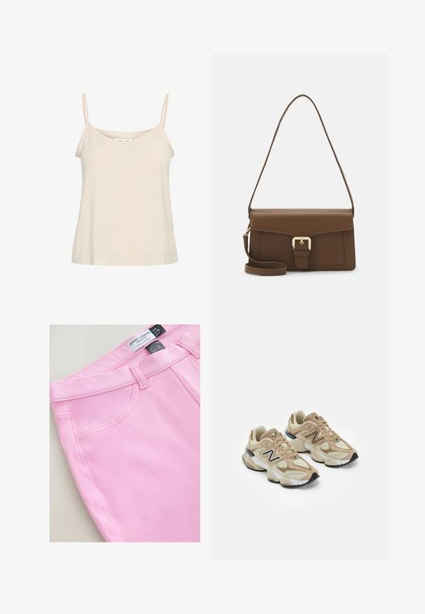 Heledbež camisole pehmeast kangast, millel on õhukesed reguleeritavad rihmad ja V-kujuline kaelus, veidi vabama lõikega.; Lühi roosa trikoo retuusid, millel on sile tekstuur, tavaline vöökoht ja küljetaskud. Silt näitab suurust ja brändi.; Beežid spordijalatsid, mis on valmistatud võrgust ja nahast materjalidest. Omavad musta logo ja tekstuure aktsente. Paks valge vaheosa ja must kummist välistald.; Prune nahk käekott ristkülikukujulise disainiga, millel on eesplaat, kuldsed metalldetailid ja pikk reguleeritav rihm.
