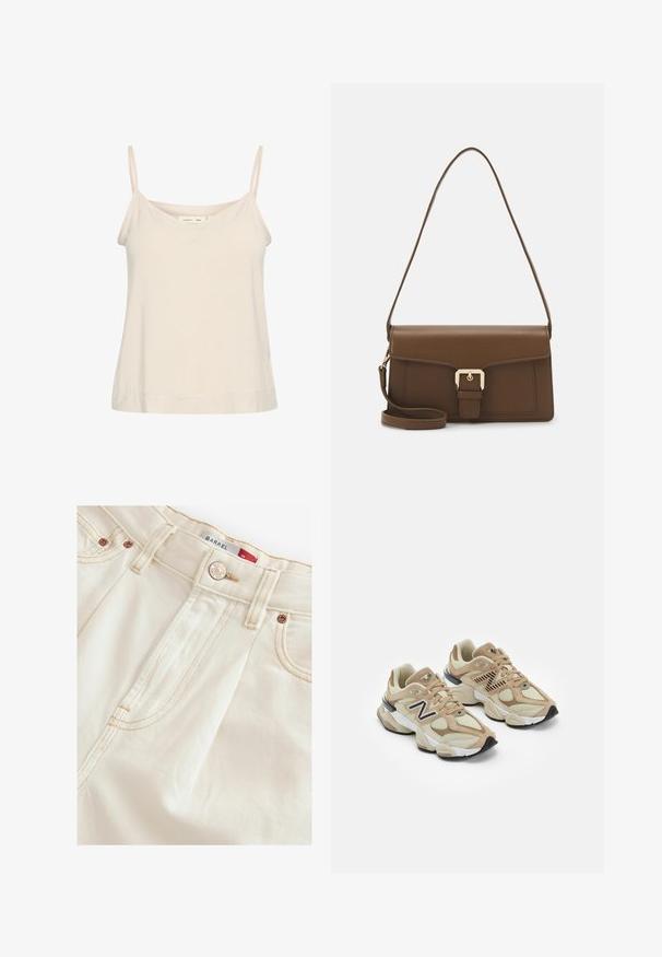 Camisola bej deschis, fabricată dintr-un material moale, având bretele subțiri ajustabile și un decolteu în V, cu o croială ușor lejeră.; Pantaloni de culoare crem cu o textură subtilă, având fermoar, accesorii din bronz și cusături contrastante de-a lungul cusăturilor și buzunarelor.; Adidași bej din materiale mesh și suede. Prezintă un logo negru și accente texturate. Talpă intermediară albă groasă și talpă exterioară din cauciuc negru.; Geantă de mână din piele maro, cu o formă rectangulară, având un capac frontal, accesorii din aur și o curea lungă și ajustabilă.