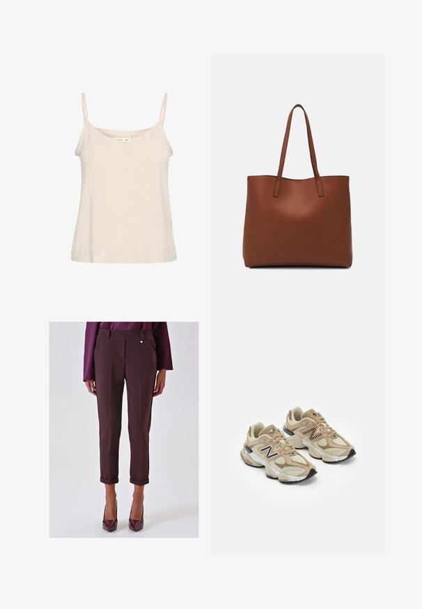 Camisole beige chiaro realizzato in tessuto morbido, con sottili spalline regolabili e scollatura a V, dal fit leggermente rilassato.; Pantaloni marroni su misura con orlo arrotolato, tasche laterali e un sottile dettaglio argentato, realizzati in un tessuto liscio.; Sneaker beige realizzate in materiali mesh e suede. Presentano un logo nero e dettagli testurizzati. Suola intermedia spessa bianca e suola esterna in gomma nera.; Borsa tote in pelle marrone con texture liscia, design con apertura superiore e due spallacci. Presenta cuciture minime e nessun hardware visibile.