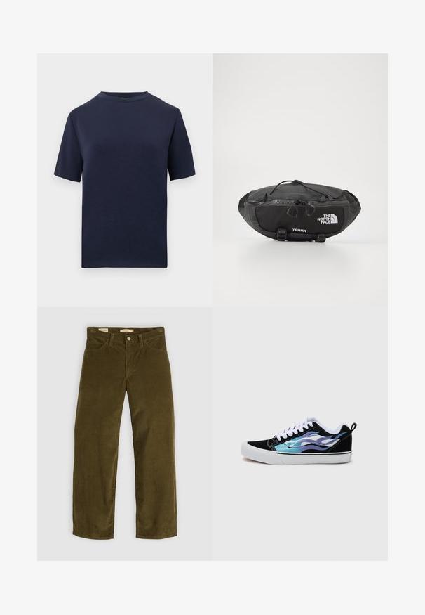T-shirt azul-marinho de manga curta, com decote redondo, design simples, apresentado de forma plana sobre um fundo branco.; Calças em corduroy verde oliva com um design de perna reta, apresentando bolsos frontais e um fecho de botão, exibindo uma textura de nervuras verticais.; Sneakers de camurça preta com uma sola de borracha branca. Apresentam padrões de chamas iridescentes azuis e roxas. Cadarços brancos e uma alça traseira.; The North Face TERRA LUMBAR 3L UNISEX - Bolsa de cintura - asphalt grey/black