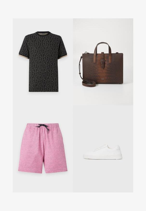 Tricou scurt cu mâneci negre, având un model texturat repetitiv în tonuri de bej. Gât clasic rotund, cu un contur bej contrastant la mâneci.; Șorturi de baie roz, cu un model, prevăzute cu un brâu elastic și un șnur negru. Materialul pare ușor, cu o suprafață texturată.; Adidași albi cu un superior din piele fină, vârf rotunjit, șireturi, accente laterale texturate și o talpă groasă din cauciuc. Design minimalist.; Geantă din piele cu embosare în formă de crocodil, maro, cu mânere superioare și un curea de umăr detașabilă. Dispune de o închidere cu cataramă și o formă rectangulară.