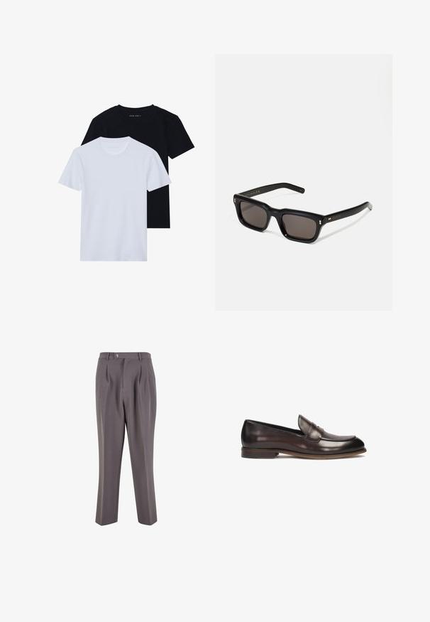 Kaks lühikeste varrukatega ümarahatuga t-särki, üks must ja üks valge, valmistatud pehmest puuvillase materjalist, millel on soonikkoe struktuur. Klassikaline lõige.; Hallide pleeditud püksid, mis on valmistatud siledast kangast, otse jala disainiga, ühe nupuga kinnituse ja kaldus küljetaskutega.; Tumedat pruuni nahast loaferid, millel on ümar varvas, kõrgendatud õmbluse detail ja kerge konts. Sile tekstuur ja klassikaline disain.; Mustad mustakorruselised prillid tumedate läätsedega, paks plastikraam, kuldsed aksendid templites ning kaubamärgi logo graveeritud käe lilla.; Must mustkott, millel on tekstuuriga tikitud muster. Ümar kuju, lühikesed ja jämedad sangad ning pehme, paindlik struktuur.