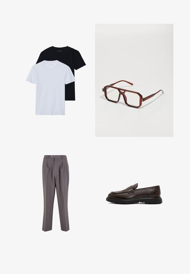 Twee korte mouwen crew neck t-shirts, één zwart en één wit, gemaakt van zacht katoen met een ribbelstructuur. Klassieke pasvorm.; Grijze geplooide broek gemaakt van gladde stof, met een rechte pijpdesign, een enkele knoopsluiting en schuine zijzakken.; Bruine leren instapper met een gestructureerde afwerking, ronde neus en rubberen zool met een patroon op de loop. Eenvoudig ontwerp zonder zichtbare hardware.; Bruine transparante oversized brillen met rechthoekige lenzen en slanke armen. Gehoekte, licht afgeronde hoeken en zichtbare hardwareaccenten.