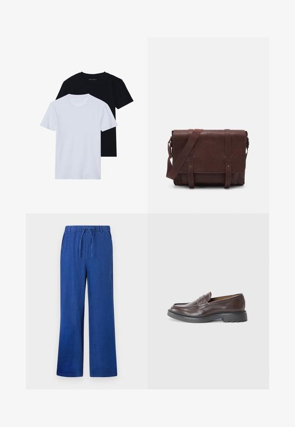 Dve krátke rukávy tričká s okrúhlym výstrihom, jedno čierne a jedno biele, vyrobené z jemnej bavlny s rebrovanou textúrou. Klasický strih.; Modré široké nohavice s elastickým pásom a šnúrkou, s bočnými vreckami, vystavené na bielom pozadí.; Hnedé kožené mokasíny s hladkým povrchom, okrúhlou špičkou, minimálnym prešívaním a hrubou čiernou gumovou podrážkou. Žiadne viditeľné kovové prvky ani akcenty.; Hnedá kožená messenger taška s plochým predným klopom, dvoma popruhmi, zlatými kovovými detailmi a nastaviteľným ramenným popruhom.