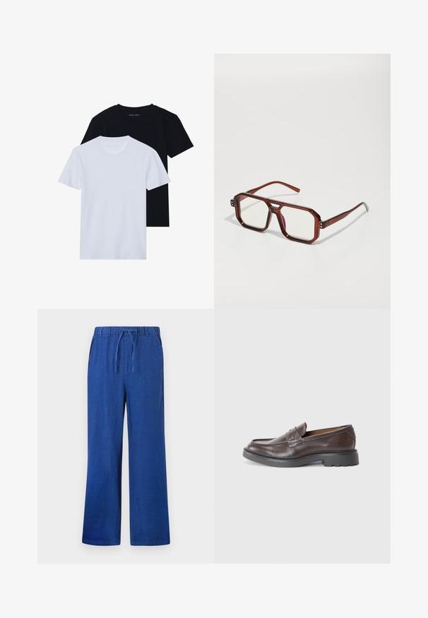 Dve krátke rukávy tričká s okrúhlym výstrihom, jedno čierne a jedno biele, vyrobené z jemnej bavlny s rebrovanou textúrou. Klasický strih.; Modré široké nohavice s elastickým pásom a šnúrkou, s bočnými vreckami, vystavené na bielom pozadí.; Hnedé kožené mokasíny s hladkým povrchom, okrúhlou špičkou, minimálnym prešívaním a hrubou čiernou gumovou podrážkou. Žiadne viditeľné kovové prvky ani akcenty.; Hnedé priesvitné nadmerné okuliare s obdĺžnikovými šošovkami a štíhlymi ramenami. Uhlové, mierne zaoblené rohy a viditeľné kovové akcenty.; Strieborné kovové hodinky s brúseným modrým ciferníkom, bielymi indexmi a zobrazením dátumu. Majú prepojený kovový remienok a logo značky.; Strieborný náhrdelník s reťazou, ktorý má hrubé články a centrálny kruhový pendant s zložitými detailmi. Hladký, odrazový povrch z kovu.