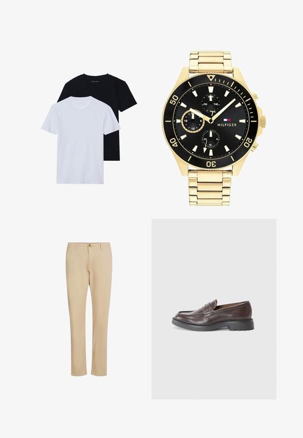 Deux t-shirts à manches courtes et col rond, un noir et un blanc, fabriqués en coton doux avec une texture côtelée. Design à coupe classique.; Pantalons beige à jambe droite, dotés d'une fermeture éclair et d'un bouton, fabriqués à partir d'un tissu lisse avec des détails de couture subtils.; Mocassins en cuir marron avec une finition lisse, bout rond, couture minimaliste et une épaisse semelle en caoutchouc noir. Aucun matériel ou accent visible.; Montre en métal doré avec un cadran noir, des marqueurs lumineux et trois sous-cadrans. Présente un bracelet texturé et le logo "HILFIGER" au centre.; Boucles d'oreilles en croix dorées avec une finition lisse et une boucle suspendue, présentant un design simple et allongé. Chaque croix est de taille uniforme.