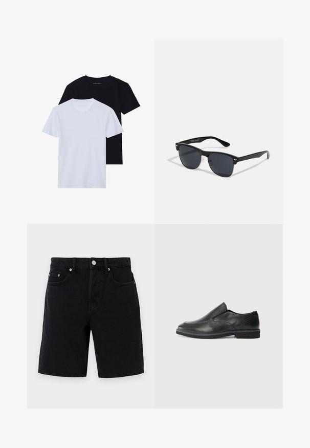 Deux t-shirts à manches courtes et col rond, un noir et un blanc, fabriqués en coton doux avec une texture côtelée. Design à coupe classique.; Shorts en denim noir à coupe droite, avec une fermeture à bouton et à zip, passants de ceinture et poches avant. Texture lisse, détails minimaux.; Chaussure slip-on en cuir noir avec une tige lisse, des accents cousus, un bout arrondi et un petit talon en caoutchouc. La semelle présente un profil de traction minimal.; Lunettes de soleil noires de forme rectangulaire, verres foncés, accents argentés aux tempes et finition mate sur la monture.