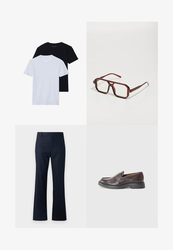 Duas t-shirts de manga curta com decote redondo, uma preta e uma branca, feitas de um material de algodão macio com uma textura ribada. Design de ajuste clássico.; Calças azul-marinho feitas de um tecido de mistura de algodão, com um design de perna reta, fecho de botão único e barra alongada.; Mocassins de couro castanho com um acabamento suave, bico redondo, costura mínima e uma sola grossa de borracha preta. Sem hardware ou detalhes visíveis.; Óculos oversized transparentes castanhos com lentes retangulares e hastes finas. Cantos angulados, ligeiramente arredondados e acentos de hardware visíveis.