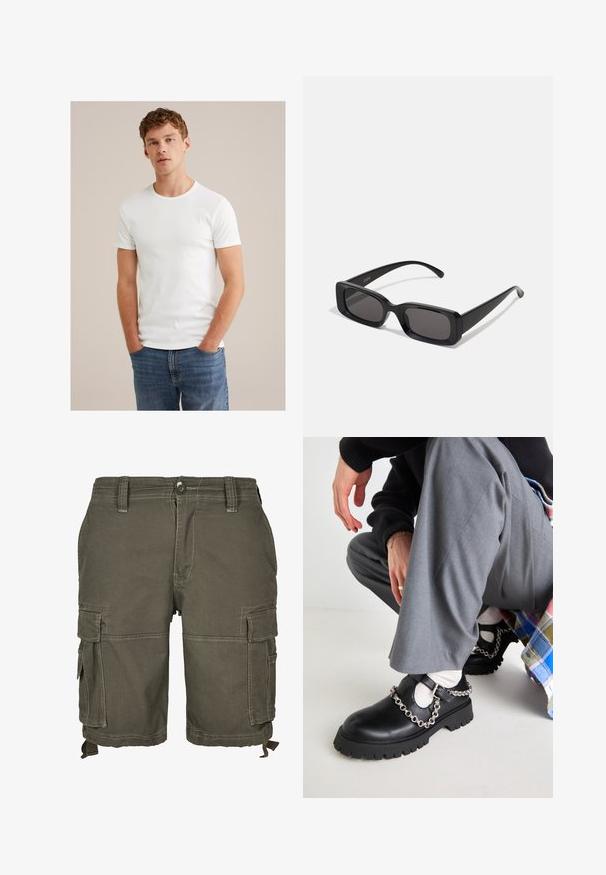 Młody mężczyzna z krótkimi, kręconymi włosami, ubrany w gładki, biały t-shirt z krótkim rękawem i niebieskie dżinsy, stoi z rękami w kieszeniach.; Spodnie cargo w oliwkowym kolorze, wykonane z trwałego materiału, z wieloma bocznymi kieszeniami, szlufkami na pasek i przeszyciami dodającymi tekstury.; Koi Footwear COSMERE czarny; Czarne prostokątne okulary przeciwsłoneczne z ciemnymi szkłami, błyszczącym wykończeniem, szerokimi zausznikami i masywną konstrukcją. Wygrawerowana nazwa marki na jednym z zauszników.