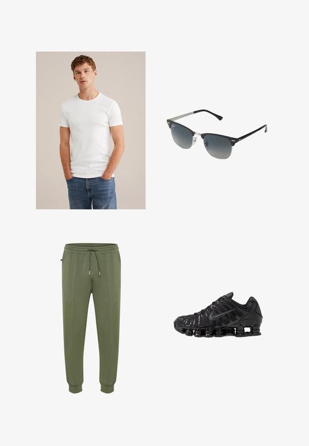 Ung man med kort lockigt hår iförd en enkel vit t-shirt med kort ärm och blå jeans, stående med händerna i fickorna.; Joggers i olivgrönt tillverkade av mjukt tyg, med dragsko i midjan, sidofickor och ribbade muddar för en åtsittande passform.; Svarta sportskor i mesh och syntetmaterial med ett karakteristiskt vågmönster, svart gummisula och reflekterande detaljer.; Svarta och silverfärgade solglasögon med kattögaform, gradientlinser och metalliska detaljer på ramen. Plastbågar med gråa tippar.