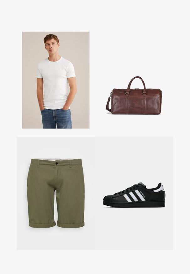 Mladý muž s krátkými vroubkovanými vlasy, oblečený v jednoduchém bílém tričku s krátkým rukávem a modrých džínech, stojící s rukama v kapsách.; Olivově zelené šortky s hladkým povrchem, s ohrnutými lemy, předním knoflíkem na pásku a postranními kapsami. Jednoduchý, dobře střižený design pro každodenní nošení.; Černé tenisky Adidas Superstar se bílými pruhy, špičkou ve tvaru skořápky a textem "Superstar" na boku, zobrazené v bočním profilu na bílém pozadí.; Hnědá kožená cestovní taška s dvojitými uchy, nastavitelným ramenním popruhem a nenápadným brandingem. Má hladkou texturu a zaoblený tvar.