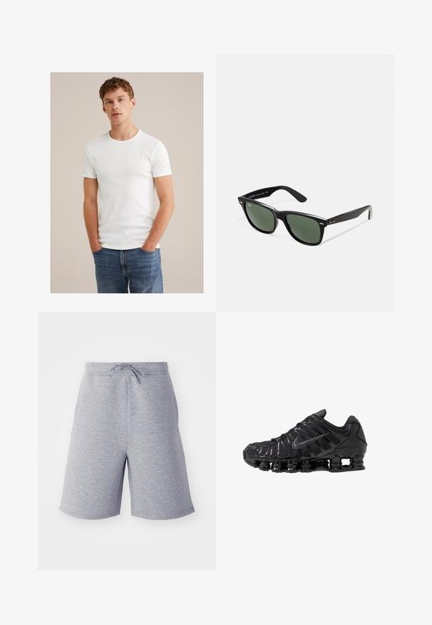 Młody mężczyzna z krótkimi, kręconymi włosami, ubrany w gładki, biały t-shirt z krótkim rękawem i niebieskie dżinsy, stoi z rękami w kieszeniach.; Szare szorty z mieszanki bawełny z elastycznym paskiem w talii i regulowanym sznurkiem. Posiadają kieszenie boczne oraz prosty krój.; Czarne buty sportowe wykonane z siateczki i materiałów syntetycznych, z charakterystycznym falistym wzorem, czarną gumową podeszwą i odblaskowymi elementami.; Czarne plastikowe okulary przeciwsłoneczne z zielonymi szkłami, kwadratowe oprawki, srebrny akcent na brwi oraz fakturowane ramiona temple. Nazwa marki podana na wewnętrznej stronie ramion.