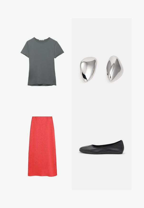 Szara koszulka z krótkim rękawem wykonana z gładkiego materiału. Posiada okrągły dekolt, prosty dół i minimalne detale szwów.; Czerwona spódnica midi o gładkiej fakturze, z delikatnym połyskiem i sylwetką w kształcie litery A. Brak widocznych wzorów lub detali metalowych.; Czarne skórzane baletki z zaokrąglonym noskiem, gładką fakturą, minimalnymi przeszyciami i elastycznym designem podeszwy.; Srebrne kolczyki o gładkim, połyskującym kształcie łezki. Charakteryzują się polerowanym wykończeniem oraz jednolitą konstrukcją bez zdobień.