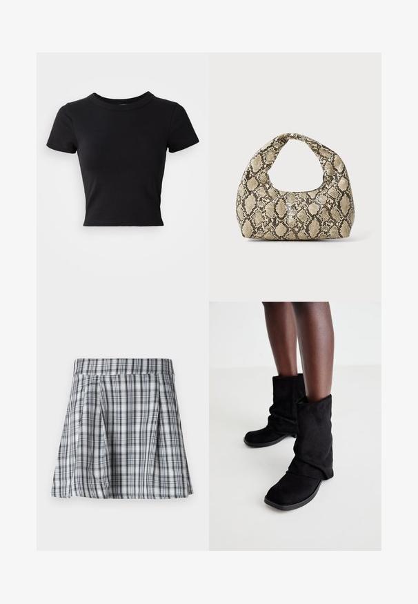 Svart kortärmad t-shirt i solid bomull, med korta ärmar och rund halsringning, med en mjuk och enkel design.; Rutig minikjol i grått och vitt, med veck och midjeband. Tillverkad av lättviktig tyg, med vertikala och horisontella ränder.; Svarta mocka ankelstövlar med en slouchy design, med en platt sula och en fyrkantig tå, visade på mörka ben mot en ljus bakgrund.; Väskan i ormtryck har ett böjt handtag. Den är tillverkad av strukturerade, beige och bruna material och har ett distinkt diamantsmönster.