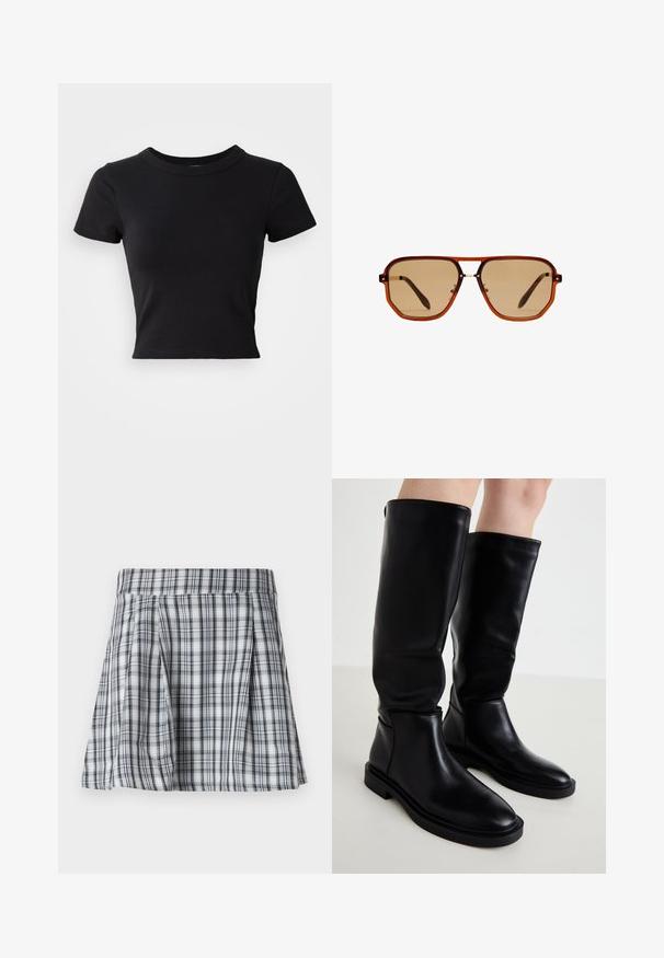 T-shirt nera cropped in cotone solido, con maniche corte e scollatura tonda, dal design liscio e semplice.; Gonna mini a quadri grigia e bianca, caratterizzata da pieghe e una vita. Realizzata in tessuto leggero, con strisce verticali e orizzontali.; Stivali neri fino al ginocchio in pelle liscia con punta arrotondata, design minimalista e suola in gomma piatta. Cuciture decorative sui lati.; Occhiali da sole ottagonali marroni con montatura trasparente color ambra e lenti sfumate marroni. Caratterizzati da un accento metallico sul ponte e stecche sottili.