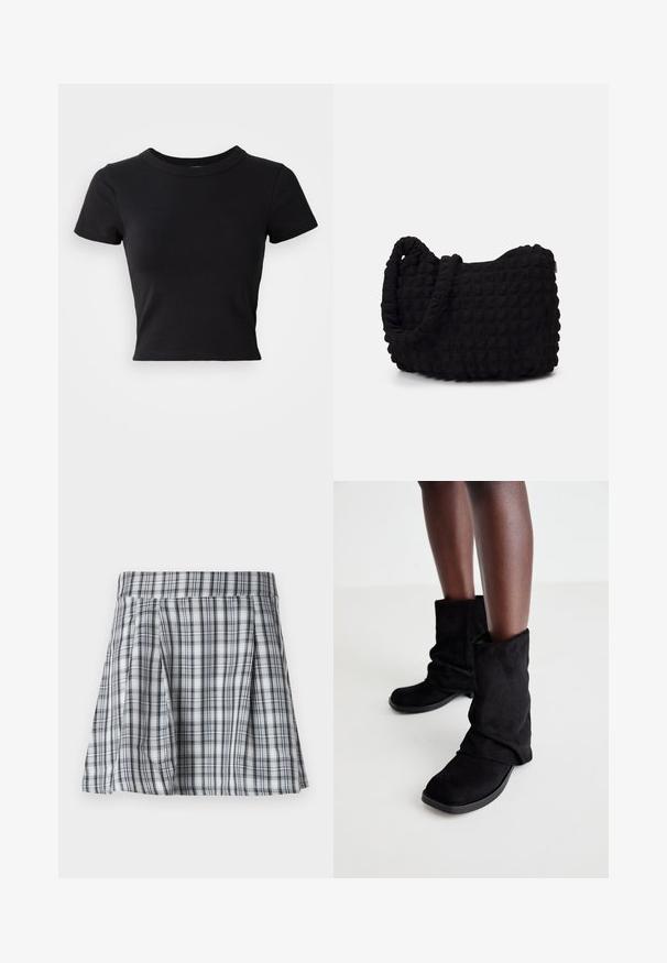 Juodas trumpas marškinėlis, pagamintas iš vientisos medvilnės, su trumpomis rankovėmis ir apvaliu kaklu, pasižymintis sklandžiu ir paprastu dizainu.; Pilkos ir baltos spalvos mini sijonas su langeliais, su raukšlėmis ir juosmeniu. Pagamintas iš lengvos medžiagos, su vertikaliomis ir horizontaliomis juostelėmis.; Juodos zomšos aulinukai iki kulkšnies su laisvu dizainu, su plokščiu padu ir kvadratiniu pirštu, eksponuojami tamsiomis kojomis ant šviesaus fono.; Juodas audinio maišelis su tekstūruota, siuvinėta raštu. Apvalios formos, trumpi, stori rankenėlės ir minkšta, lanksti struktūra.