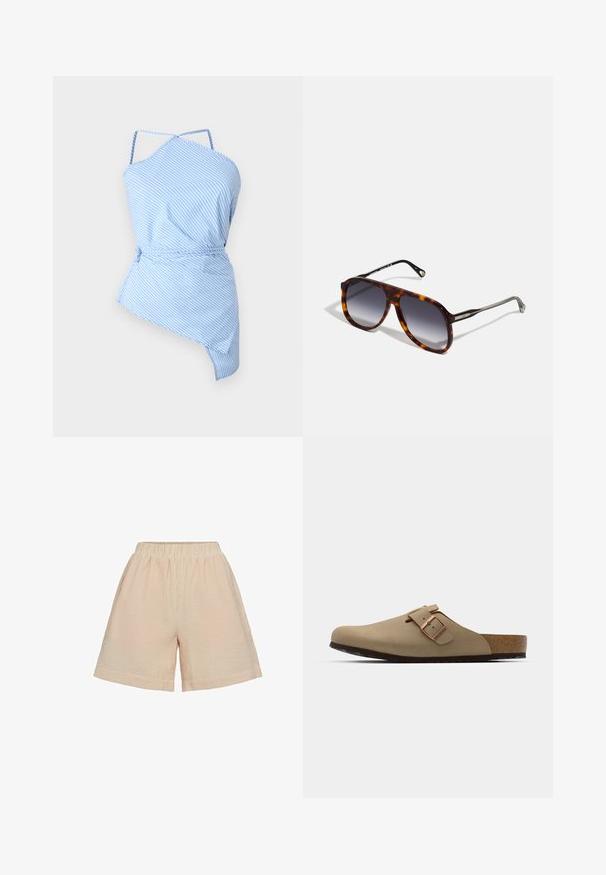 Blau-weiß gestreiftes Oberteil mit asymmetrischem Schnitt, dünnen Trägern und einem Kordelzugbund für eine verstellbare Passform. Leichter Stoff mit glatter Textur.; Moves PYNNA - Shorts - tangerine; Beige Clogs mit einer abgerundeten Zehenpartie, verstellbarem Schnallenakzent und Korkfußbett. Strukturierte Oberfläche mit einer schwarzen Gummisohle für besseren Halt.; CHLOÉ Sonnenbrille - havana