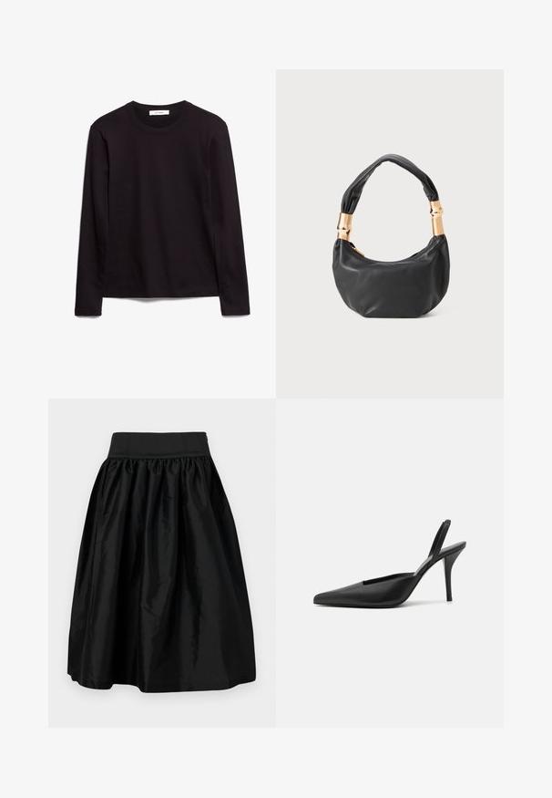 Musta pitkähihainen crew neck -t-paita, joka on valmistettu tekstuurista kankaasta. Tässä paidassa on suora helma ja ommellut yksityiskohdat kauluksessa ja olkapäissä.; Musta polvipituinen hame, joka on valmistettu sileästä ja kiiltävästä kankaasta, jossa on rypytetty vyötärö ja levenevä siluetti. Ei koristeita tai kuvioita.; Mustat remmisandaalit korkealla korolla, teräväkärkiset, sileä nahkamateriaali ja tyylikäs, minimalistinen muotoilu. Korkea stiletto-korko.; Musta nahkalaukku pyöreällä muodolla, pehmeällä pinnalla ja solmulla varustetulla kahvalla, jossa on kultasävyiset yksityiskohdat. Vetoketjusuljenta.
