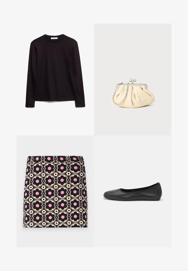 Sort langærmet t-shirt med rund hals lavet af tekstureret stof, med en lige kant og syede detaljer ved kraven og skuldrene.; Sort mini nederdel med et gentaget blomstermønster i sort, pink og creme. Glat tekstur med en tætsiddende pasform og elastisk talje.; Sort læderballetsko med rund tå, glat tekstur, minimal syning og et fleksibelt såldesign.; Plisseret beige læderclutch med en sølvmetalramme, der har to runde dekorative låse og en sølvkædetrasporte.