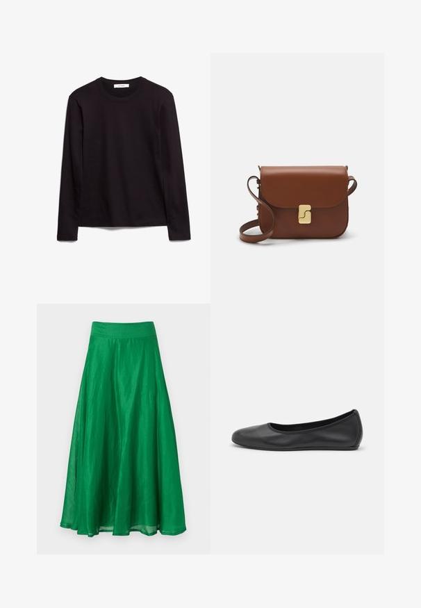 T-shirt noir à manches longues et col rond en tissu texturé, avec un ourlet droit et des accents cousus au col et aux épaules.; Jupe A-line verte en tissu léger, avec une taille lisse et un design fluide qui s'étend jusqu'à mi-mollet.; Ballerines en cuir noir avec un bout rond, texture lisse, détails de couture minimalistes et design de semelle flexible.; Sac à main en cuir marron avec une fermeture à rabat, des accents en métal doré, une bandoulière et une texture lisse. Forme rectangulaire compacte.