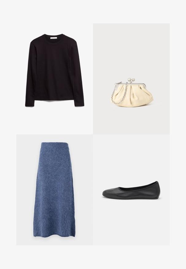 Tricou negru cu mânecă lungă și gât rotund, realizat dintr-un material texturat, având un tiv drept și accente cusute la guler și umeri.; Fustă din lână într-o nuanță moale de albastru, cu o siluetă dreaptă și un material texturat, puțin pufos. Marginile de jos sunt ușor rotunjite.; Balerini din piele neagră, cu vârf rotund, textură netedă, detalii de cusătură minimale și un design al tălpii flexibil.; Clutch din piele plisată bej, cu un cadru din metal argintiu, având două închideri decorative rotunde și o curea din lanț argintiu.