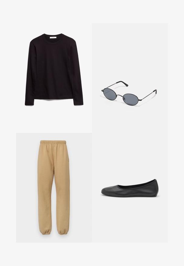 Black long-sleeve crew neck t-shirt made of textured fabric, featuring a straight hem and stitched accents on the collar and shoulders.; Beige sweatpants made of soft fabric, featuring an elastic waistband and cuffs, with side seams and a small logo on the left thigh.; Black leather ballet flat with a rounded toe, smooth texture, minimal stitching detail, and a flexible sole design.; Black oval sunglasses with dark lenses and thin metal frames. Features slender arms with a subtle curve at the ends.