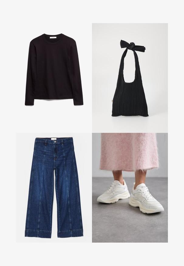 Schwarzes Langarm-T-Shirt mit Rundhalsausschnitt aus strukturiertem Stoff, mit geradem Saum und genähten Akzenten am Kragen und den Schultern.; Weite Jeanshose in dunkelblau mit kontrastierenden Nähten, einem Knopfverschluss und einem schlichten Saum. Hergestellt aus robustem Baumwollmaterial.; Weiße Sneakers aus Mesh- und Leder-Material, mit runder Zehenkappe und gepolsterter Sohle. Verfügt über Schnürsenkel und Markenname auf der Zunge.; Loeffler Randall BOBBY PLEATED TOTE - Handtasche - black