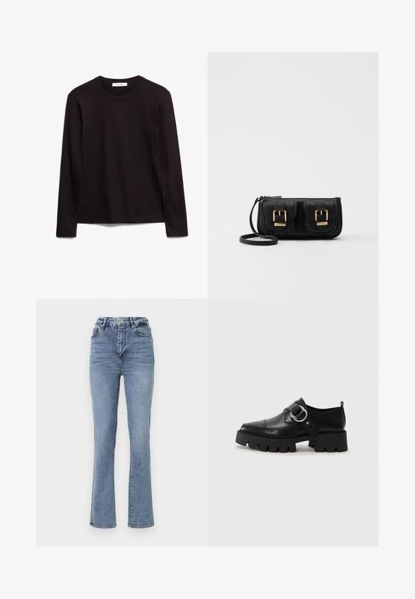 Černé pánské tričko s dlouhým rukávem a kulatým výstřihem z texturované látky, s rovnými lemy a prošívanými detaily na límci a ramenou.; Modré džíny s vysokým pasem a rovnými nohavicemi, které mají klasický pětivtokový styl a jemné švy.; Černé kožené boty s robustní ribkovanou podešví, zdobené kruhovým stříbrným kovovým prvkem a minimálním švem.; Černá kožená crossbody taška se dvěma předními kapsami, zlatými přezkami, zipovým uzávěrem a štíhlým popruhem. Texturovaný povrch a kompaktní obdélníkový tvar.