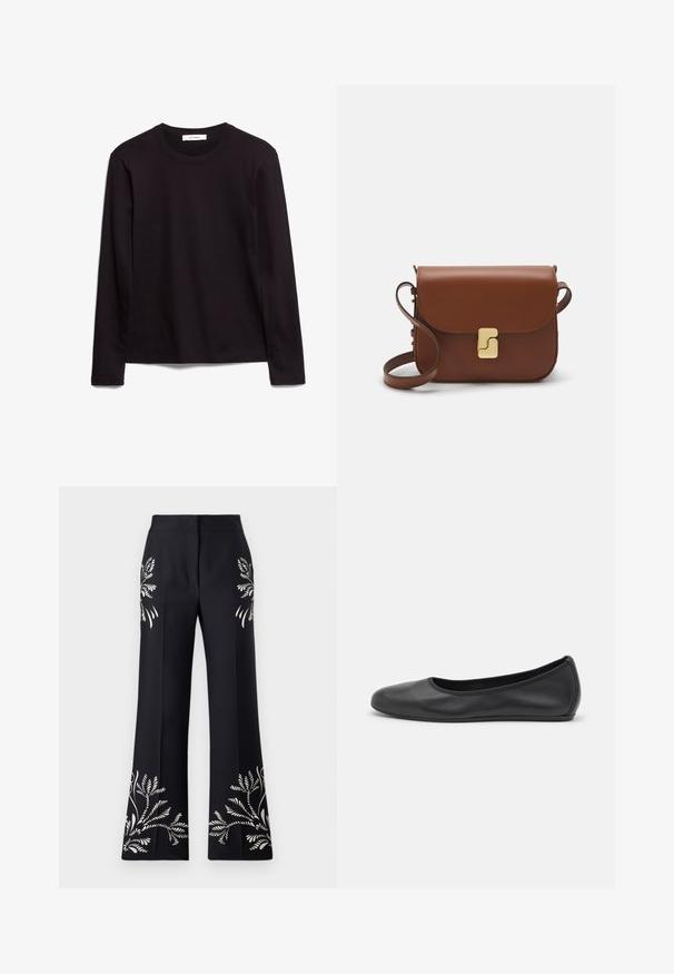 Black long-sleeve crew neck t-shirt made of textured fabric, featuring a straight hem and stitched accents on the collar and shoulders.; Wide-leg trousers made of black fabric featuring white botanical embroidery along the sides, with a smooth texture and tailored design.; Black leather ballet flat with a rounded toe, smooth texture, minimal stitching detail, and a flexible sole design.; Brown leather handbag with a flap closure, gold-tone hardware, a shoulder strap, and a smooth texture. Compact rectangular shape.