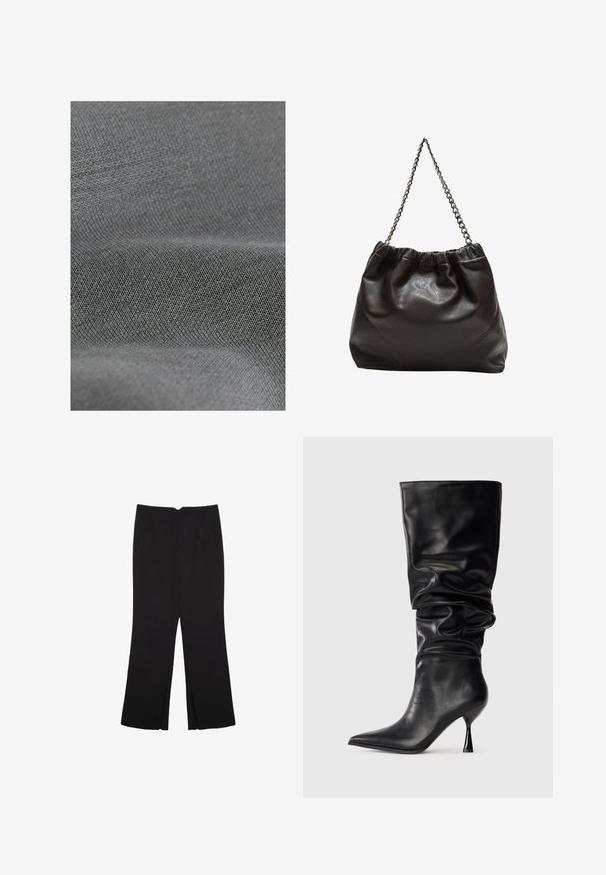 Tessuto grigio con una fine trama testurizzata, che mostra sottili variazioni di tonalità e una superficie liscia. Nessun motivo o abbellimento visibile.; Pantaloni neri a gamba dritta, con tasche frontali e spacchi laterali all'orlo. Realizzati in tessuto morbido e liscio. Adatti a diverse occasioni.; Stivale in pelle nera al ginocchio con design morbido, punta affilata e tacco a stiletto sottile, caratterizzato da una superficie liscia e accenti minimi.; Borsa in pelle marrone con parte superiore arricciata e tracolla a catena. Texture liscia con finitura lucida e dettagli di cucitura sottili sui lati.
