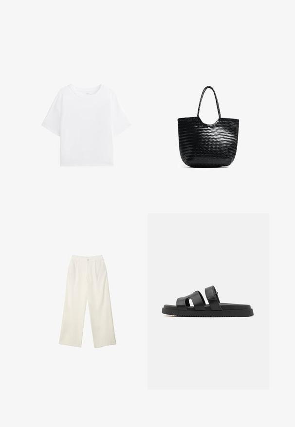 Weißes cropped T-Shirt aus weicher Baumwolle, mit rundem Halsausschnitt und kurzen Ärmeln in einer lässigen, entspannten Passform. Minimalistisches Design.; Helle Stoffhose mit weitem Bein und glatter Textur, ausgestattet mit einem einzelnen Knopf vorne, dezenten Falten und einem Hochbund-Design.; Schwarze Ledersandalen mit zwei breiten Riemen, offenes Zehendesign und einer dicken, schwarzen Gummisohle mit strukturiertem, gerilltem Muster.; Schwarze geflochtene Tragetasche mit gerundetem Oberteil, Seitennähten und zwei geflochtenen Griffen. Verfügt über ein strukturiertes Muster und ein geräumiges Innenfach.